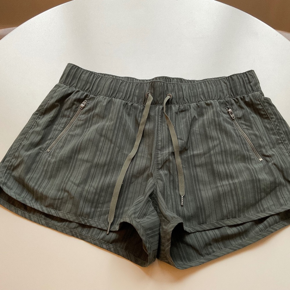 ATHLETA Sway Running Striped Shorts Olive Green